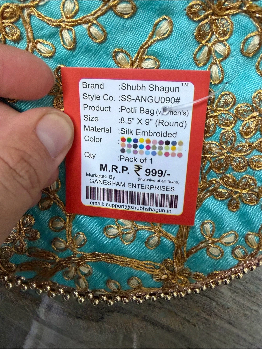 Diwali Traditional Embroidered Potli Clutch Bag - Teal & Gold